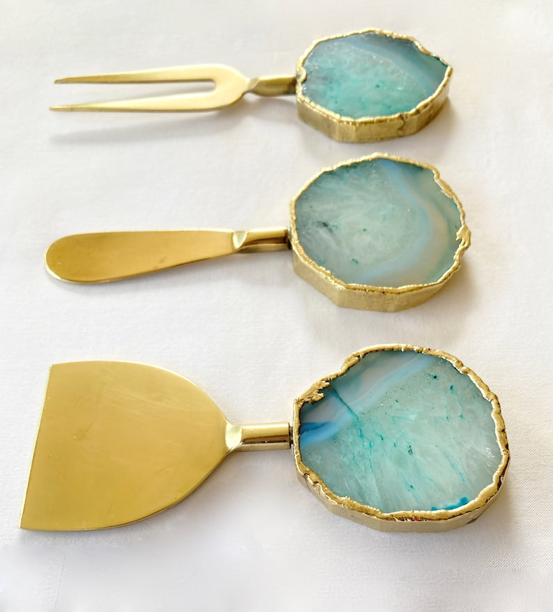 Set of 3 Aqua Agate Cheese Knives/Spreaders